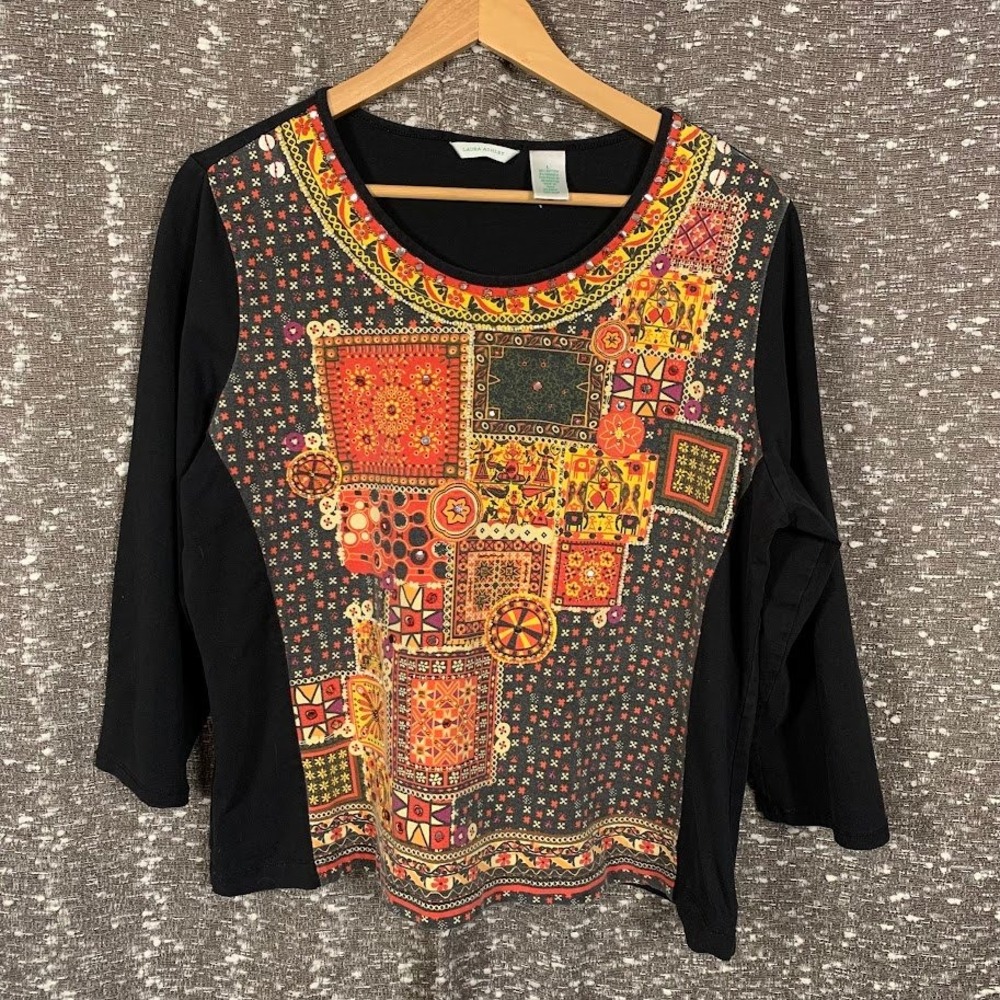Laura Ashley Shirt Top Boho Black Red Beaded Embellished 3/4 Sleeve Woman Lg